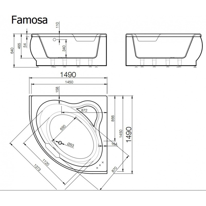 VISPOOL stūra vannas FAMOSA 1490*1490 (balta)