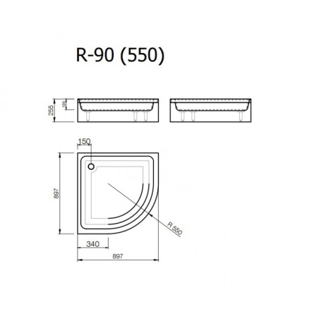 Akmens masas paliktnis R-90, 90x90x25cm pusaplis ar paneli, BEZ sifona